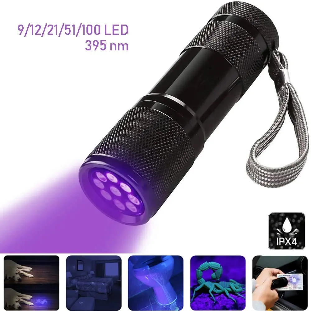 Đèn pin LED UV, Đèn chống thấm nước, Đèn nhôm, Đèn cực tím màu đen, Đèn Cầm Tay ngoài trời, 9 / 12 / 21 đèn LED