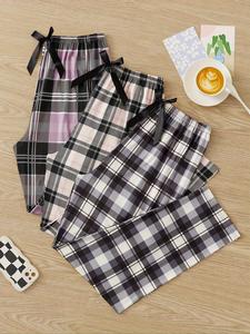 Women's Plaid Print Bow Decor Elastic Waist Sleep Pants, Casual Comfy Straight Leg Lounge Pants, Ladies Sleepwear for Spring & Fall