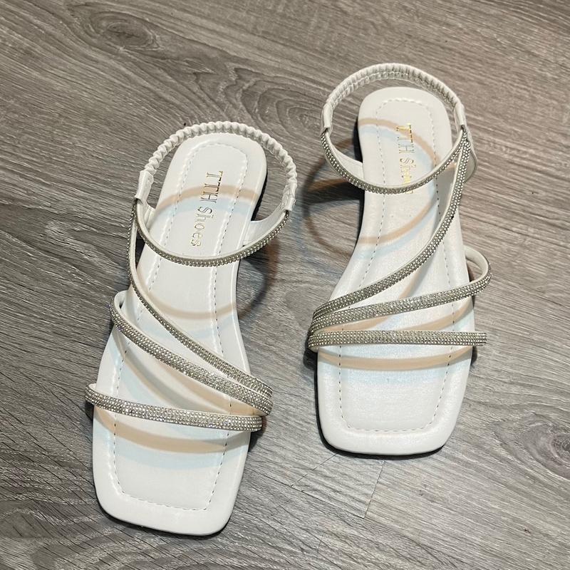  Giày sandal nữ đế bệt mũi vuông quai dây đính hạt có bigsize từ 35 đến 46 