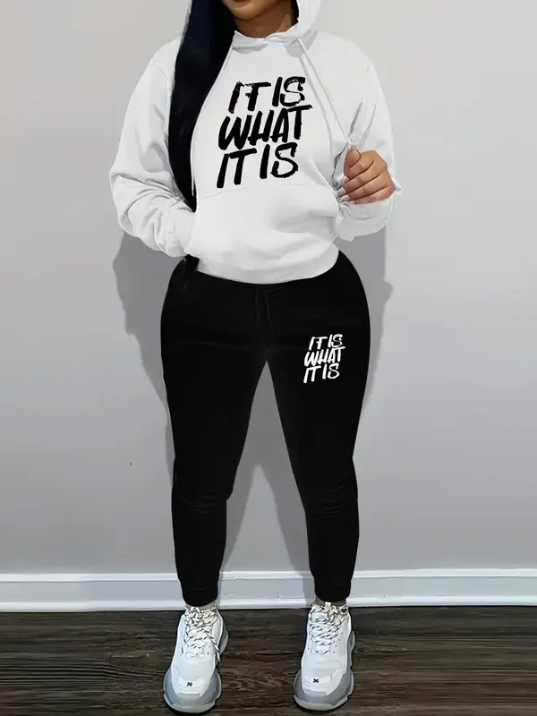 【Plus Size】 Letter Print Pocket Hooded Sweatshirt & Sweatpants Set, Casual Long Sleeve Pullover & Jogger Pants, Women's Fall & Winter Clothes for Daily Wear 0