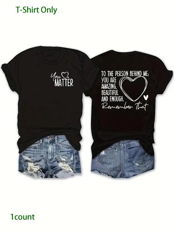 【Plus Size】Letter & Heart Print Drop Shoulder Tee, Casual Fashion Short Sleeve Round Neck T-Shirt for Summer, Women's Plus Clothing for Daily Wear, Tshirt 7
