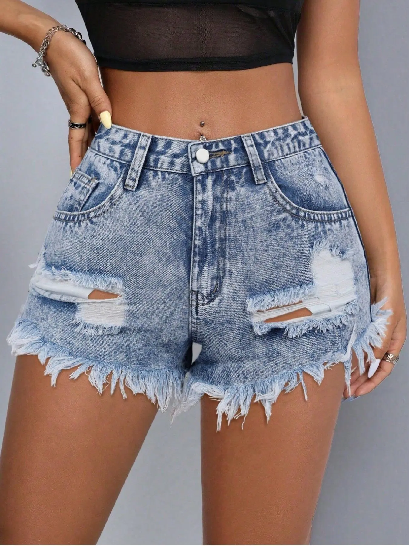 Women's Plain Denim Shorts, Casual Pocket Ripped Short Jeans for Summer, Fashion Women's Bottoms for Daily Wear