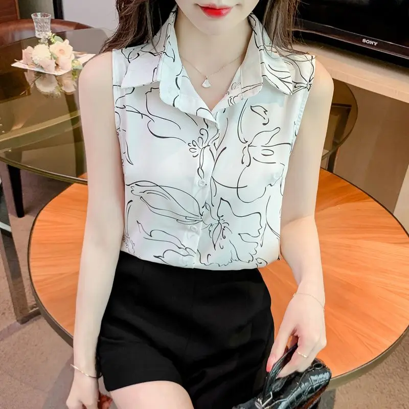 Áo Sơ Mi Hoa Cho Nữ, Thiết Kế Mới 2024, Phong Cách Mùa Hè, Vẻ Ngoài Thanh Lịch, Áo Không Tay Vải Voan, Độc Đáo Và Giấu Bụng 2