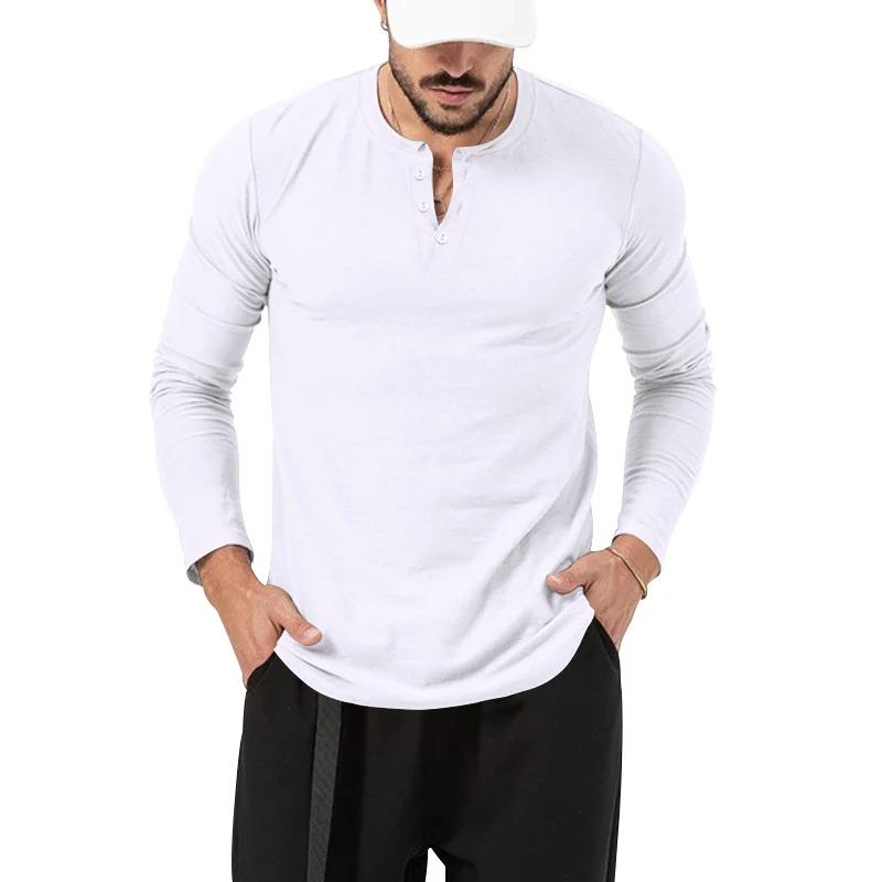 Áo Thun Nam, Cổ Tròn, Màu Trơn Cài Nút, Dài Tay, Henley, Áo Sơ Mi Lớp Nền Thể Thao Thường Ngày 2