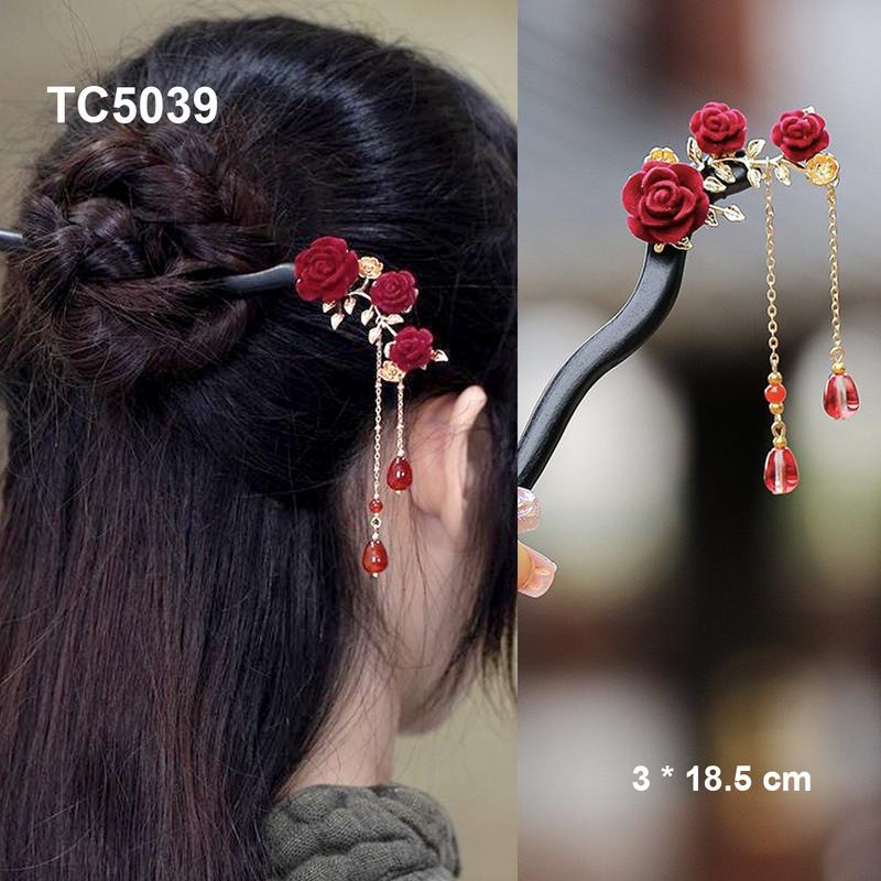 GOTI Trâm Cài Tóc Phong Cách Cổ Trang, Hiện Đại Thân Gỗ Đen Hình Hoa Hồng Phối Lá Vàng Tua Rua Thanh Lịch TC5039