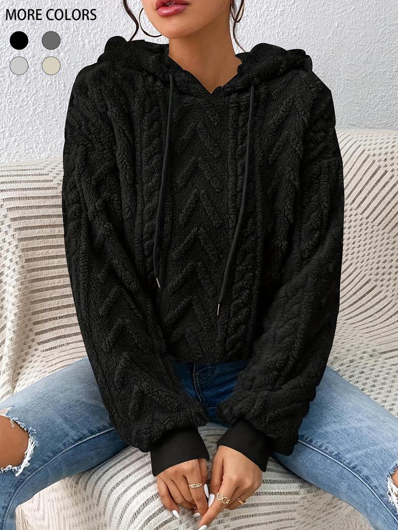 Product Introduction of Women's Plain Textured Drawstring Plush Hoodie, Fashion Casual Drop Shoulder Long Sleeve Hooded Sweatshirt for Daily Outdoor Wear, Yoga Hoodie, Women Clothing for Fall & Winter 5