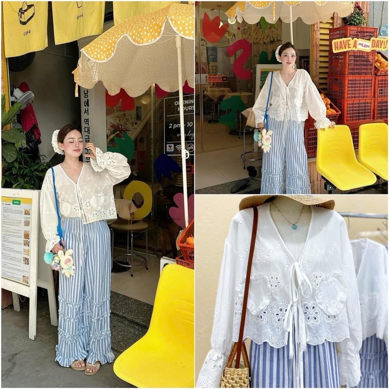￼(Hàng may loại 1 + sẵn) Set áo xô ren trắng loe tay hoa nổi mix quần sọc xanh Women Tay Loe Nữ Top Voi Sen