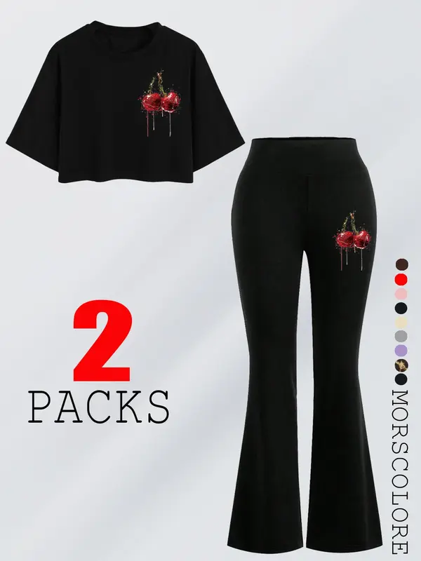 Women's Cherry Print Tee & Flare Leg Pants Two-Piece Set, Casual Fashion Cozy Round Neck T-shirt & Trousers for Daily Outdoor Wear, Ladies Clothes for All Seasons 2