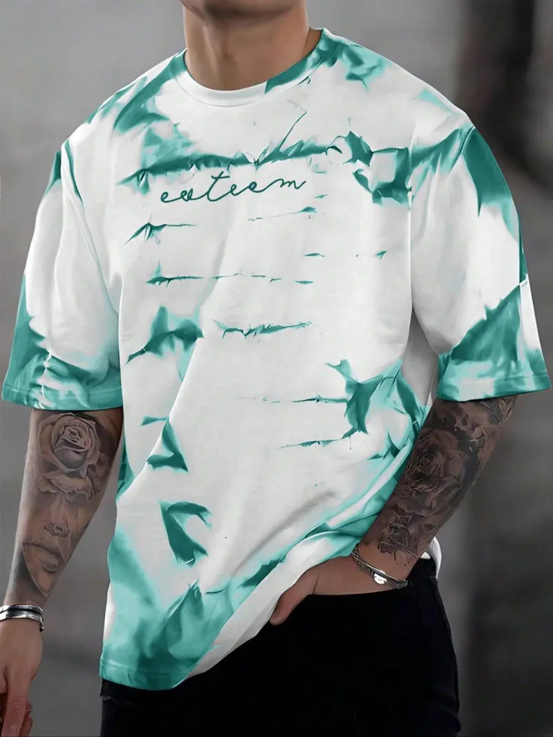 Product Introduction of Men's Tie Dye & Letter Print Round Neck Tee, Regular Fit Casual Short Sleeve Crew Neck T-shirt for Summer, Fashion Men's Top for Daily Wear 1