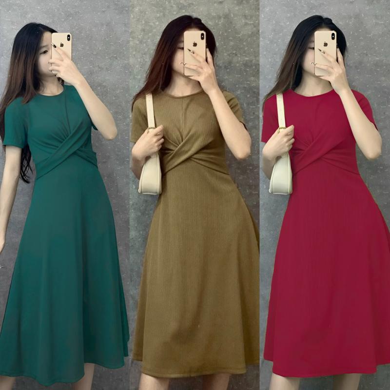 (40-80kg) bầu bí bon chen thoải mái, Váy thiết kế xoắn phía trước eo tà xoày tôn dáng, vải thun tăm lạnh Nữ Women