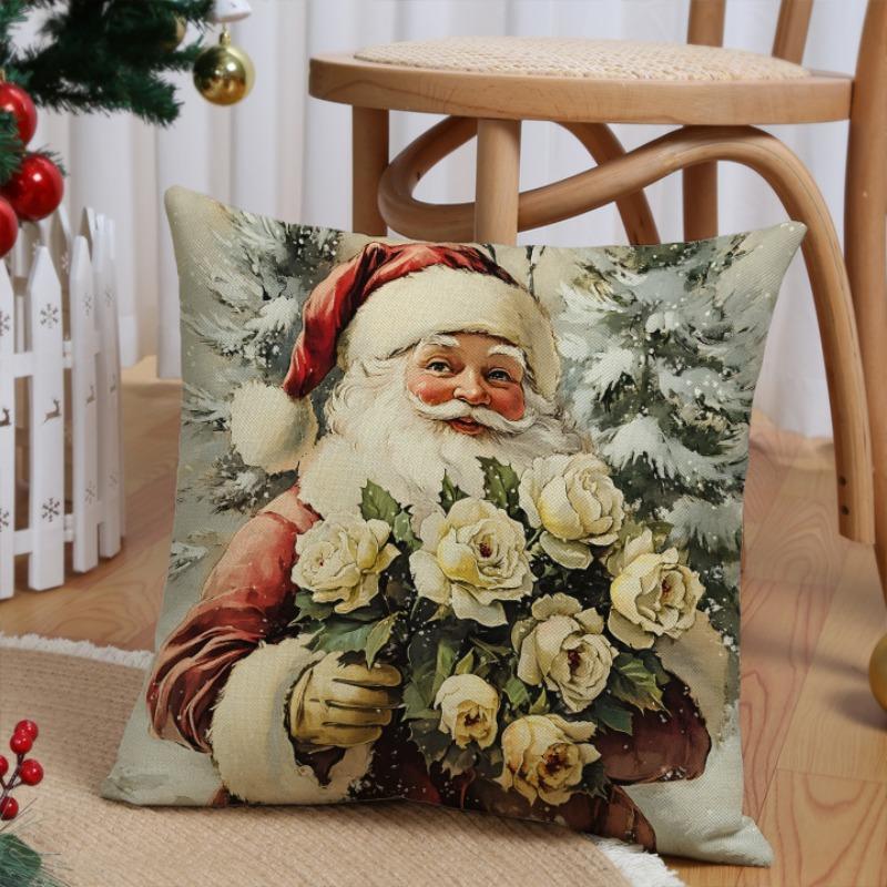 Product Introduction of Christmas Themed Pillow Case, 4 Counts/set Santa Claus & Animal Pattern Cushion Cover without Filler, Square Pillow Cover for Home Decor 3