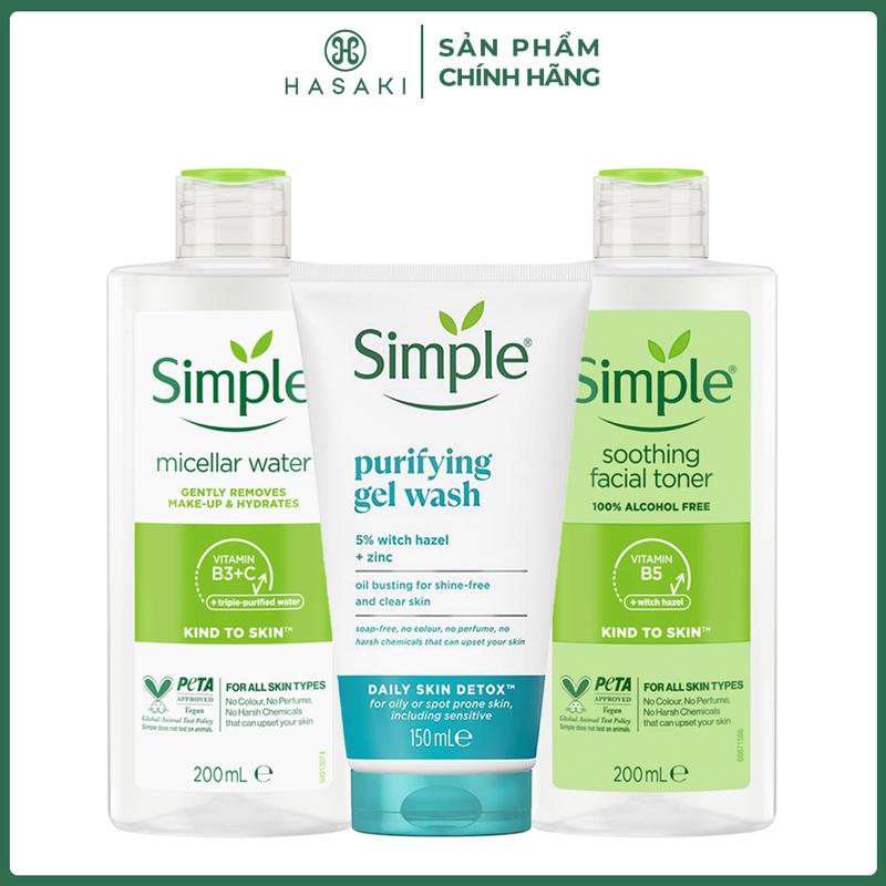 Combo Simple Dịu Da Và Cấp Ẩm Tẩy Trang 200ml + Sữa Rửa Mặt 150ml + Toner 200ml | HASAKI BEAUTY Skincare Serum