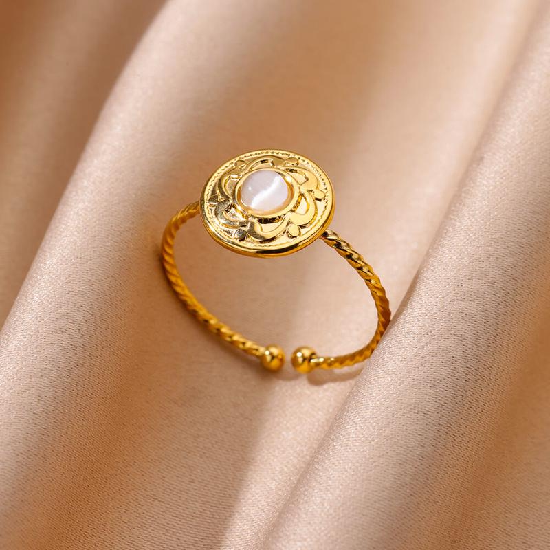 Product Introduction of 1 PCS Stainless Steel White Cat's Eye Round Open Ring Gold Color Adjustable Rings For Women Party Vacation Couple Jewelry Gift 5