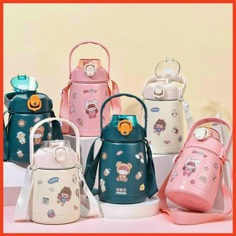 Bình Giữ Nhiệt Cute 900ml inox 304 Tặng Kèm Dây Đeo Ống Hút Và Sticker 2D