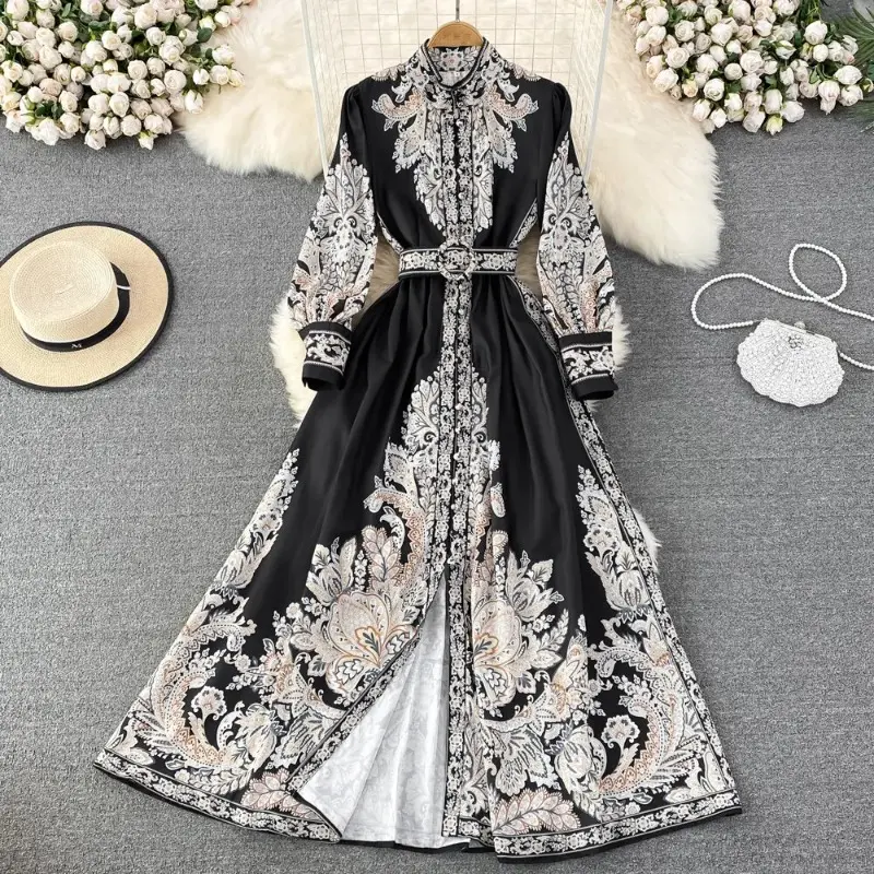 Áo Dài Cổ Điển Dành Cho Phụ Nữ, In Hình, Chữ A, Xếp Nhún, Thanh Lịch, Thiết Kế Hoa, Thích Hợp Cho Bữa Tiệc, Áo Dài Tay Áo, Trang Phục Thường Ngày Áo Choàng Dài Vestidos
