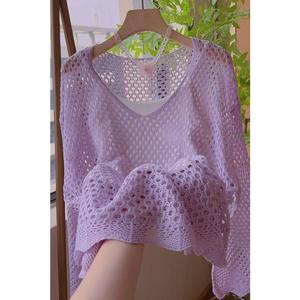 Purple V-neck Long Sleeve Hollow Out Blouse for Women Summer Thin Solid Color Versatile Air Conditioning Shirt Korean Style Outerwear Knitted Top for Women