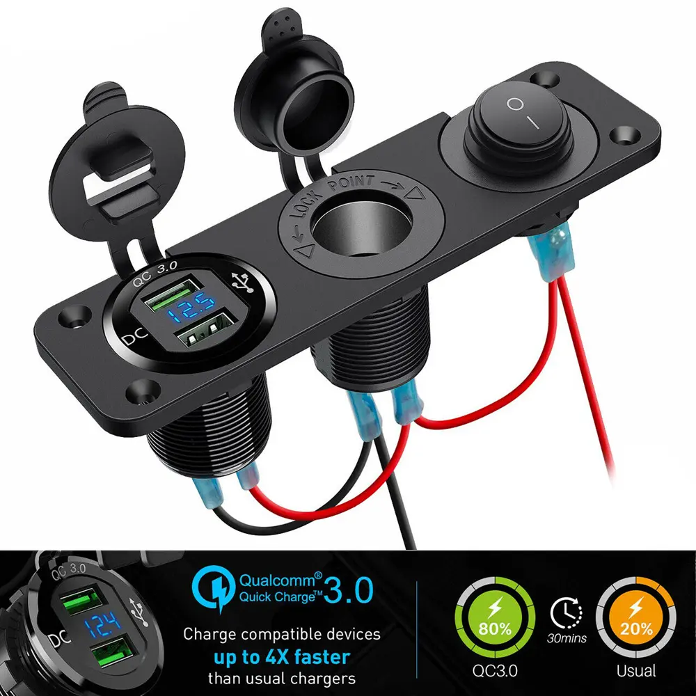 4 in 1 Cigarette Lighter Socket Toggle Switch Panel Dual USB Charger Port LED Digital Campervan Switch Panel for Dashboards GPS Vacuum Cleaners Air Purifiers 5Q838