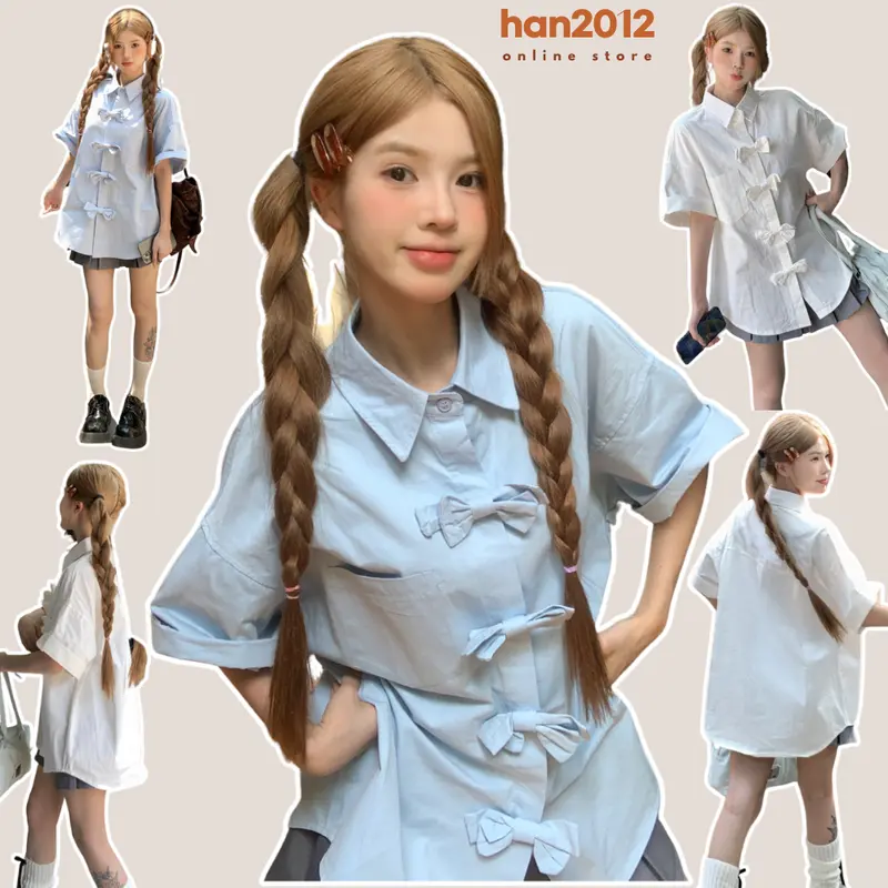 Áo sơ mi tay ngắn đính nơ ba chiều dành cho nữ, Áo sơ mi form rộng màu trơn mùa hè Top Women Xanh Trắng áo sơ mi nữ hottrend 0