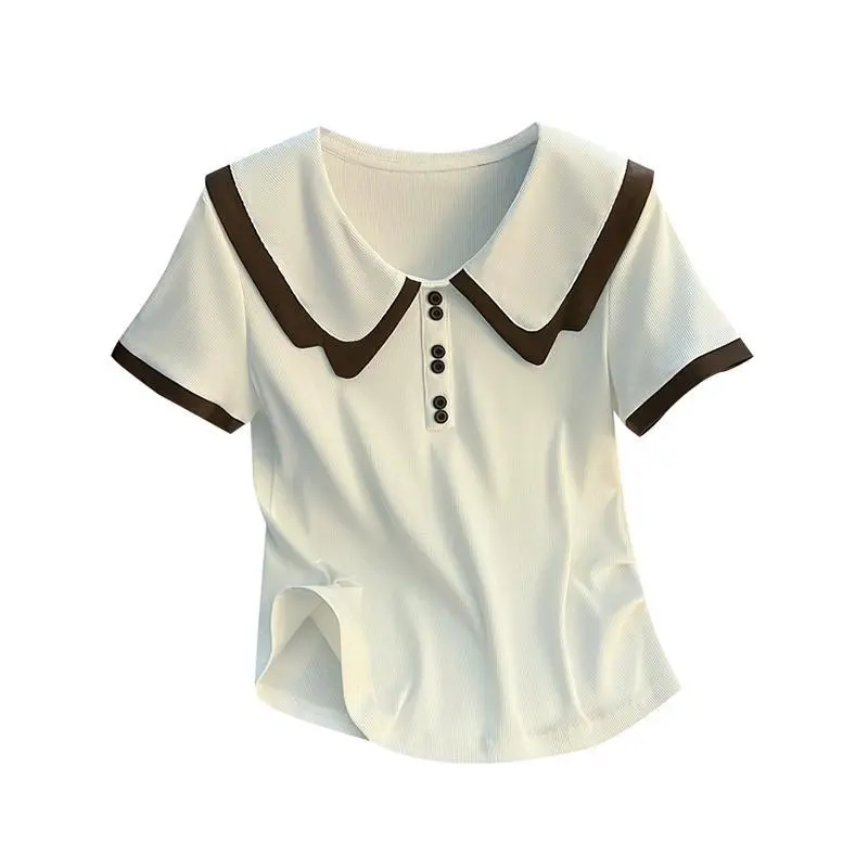 Áo Thun Ngắn Tay Cổ Búp Bê Phong Cách Preppy Cho Nữ Hàng Mới Về Mùa Hè 2024 Áo Thun Dễ Phối Đồ Trẻ Trung Ngọt Ngào 4