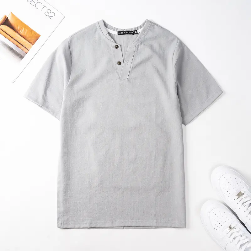 Áo Đũi Nam Cổ V Tay Ngắn Chất Liệu Đũi Mềm Mịn Mát Nhẹ Thoáng Mặc Như Không Mặc Menswear Cổ Tròn Sơ Mi Đen 6