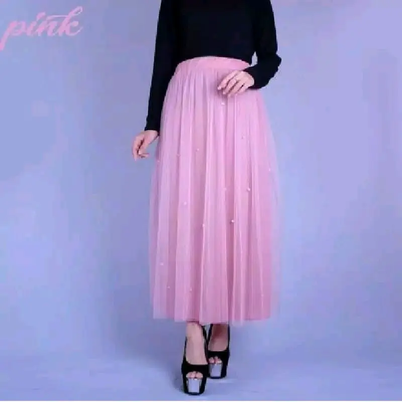 Rok tutu mutiara Wanita Bawahan Panjang Cewek Fit Karet Motif Tile Putih Dewasa Pesta Kerja Maxi 1