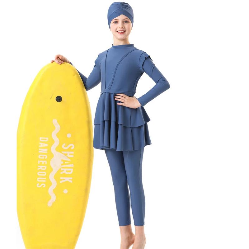Product Introduction of New 2024 Islamic Dubai Modest Abaya 3 Piece Set Black Burkini Muslim Kids Swimwear Girl With Swim Cap Femme Musulmane Clothing 4