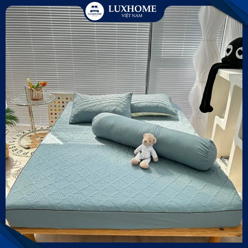 Bộ Chăn Ga Gối Chần 4 Món Cotton Phối Màu, Chất Vải Mềm Mát, Thoáng Khí, Thấm Hút Mồ Hôi 5