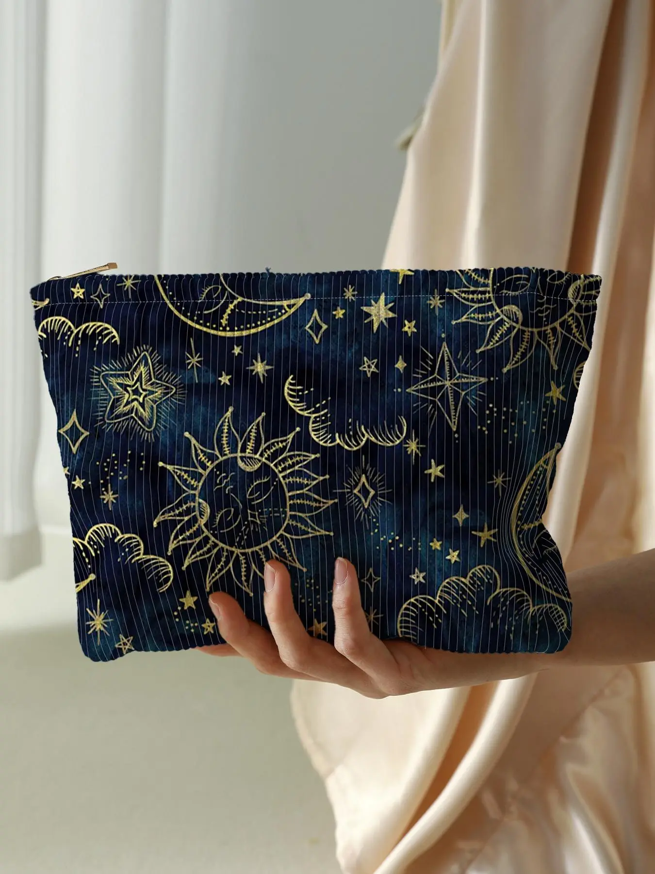 Star & Moon & Sun Pattern Makeup Bag, Casual Lightweight Multi-functional Cosmetic Bag, Zipper Makeup Organizer Pouch for Travel & Daily Use