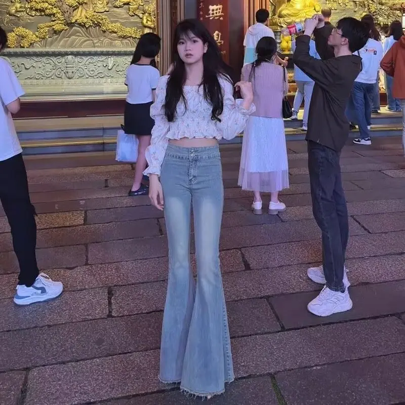 Quần Dài Jean Ống Loe, Màu Sáng Phong Cách Cổ Điển Cạp Cao Dành Cho Nữ, Hàng Mới Về Mùa Thu, Thiết Kế Cạnh Thô Đã Giặt, Bó Sát Vừa Vặn, Quần Móng Ngựa 1