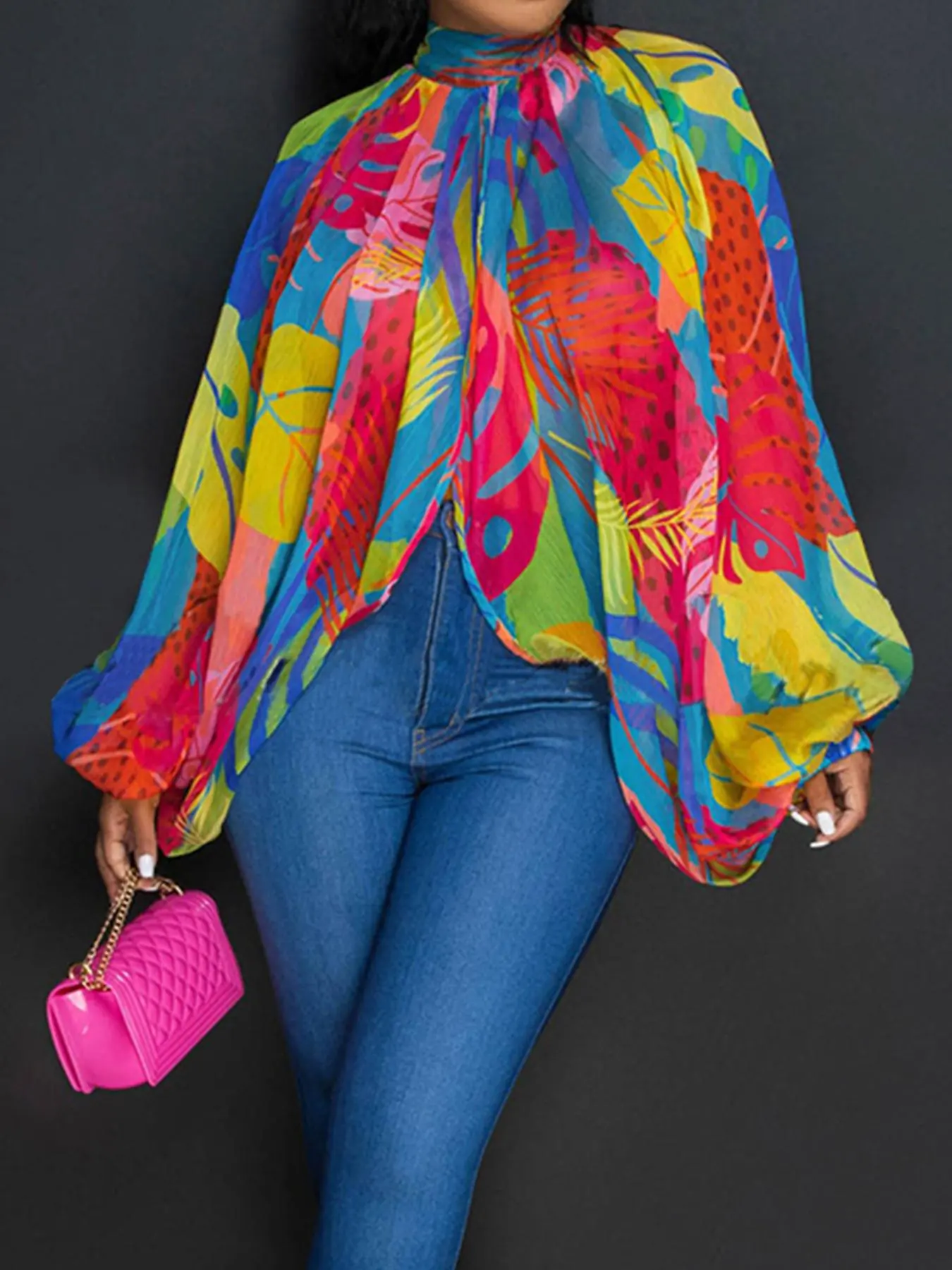 Women's Graphic Print Batwing Sleeve  Blouse, Casual   Long Sleeve Top for Spring, Ladies Clothes for Daily Wear