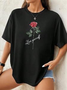 ImprinTee Women's Floral & Letter Print Round Neck Tee, Vintage Trendy Casual Short Sleeve T-shirt For Daily Wear, Ladies Summer Outfit