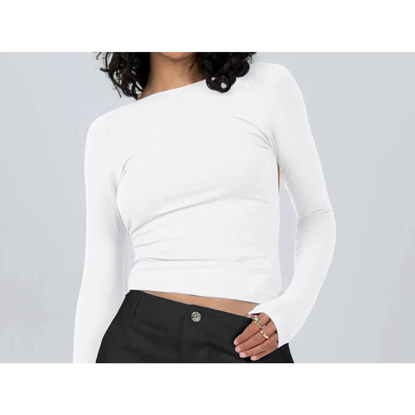 Design Sense Big Backless Long Sleeved Sexy Shoulder T-shirt  A002