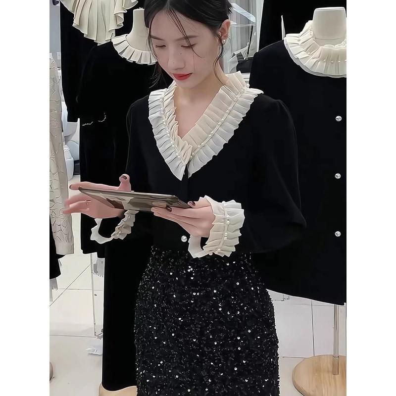 Product Introduction of [ Bigsize 55-100kg] Áo nhung cổ bèo voan đính ngọc sang chảnh cầu kì 3