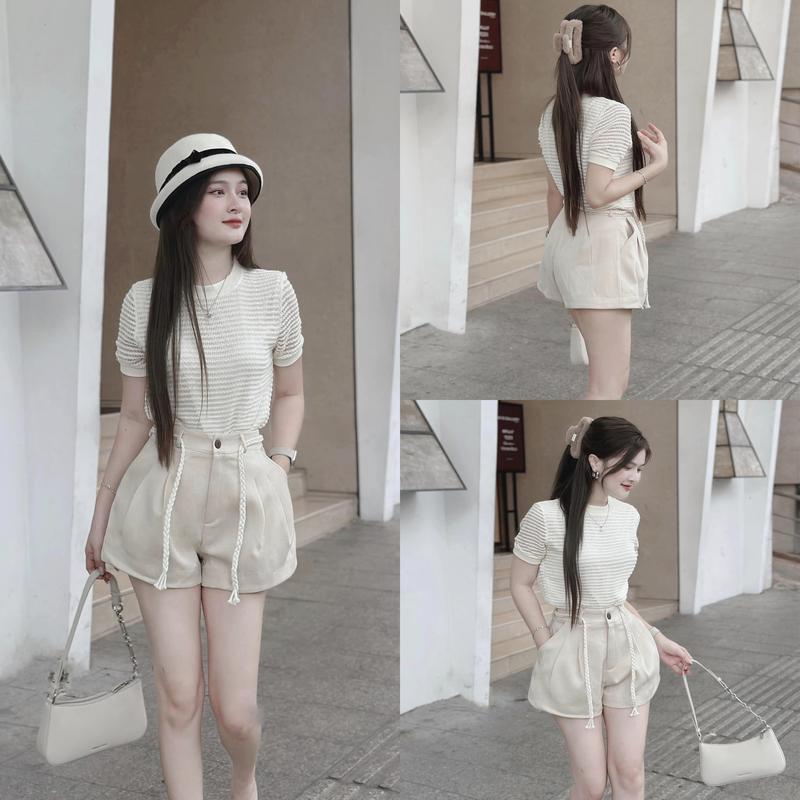 Set Bộ Cổ Tròn Áo Len Lưới Bo Dệt 2 Lớp Mix Quần Short Đùi Kèm Đai Bện Thắt Eo Nữ Top Women MC1111 Kem Kem