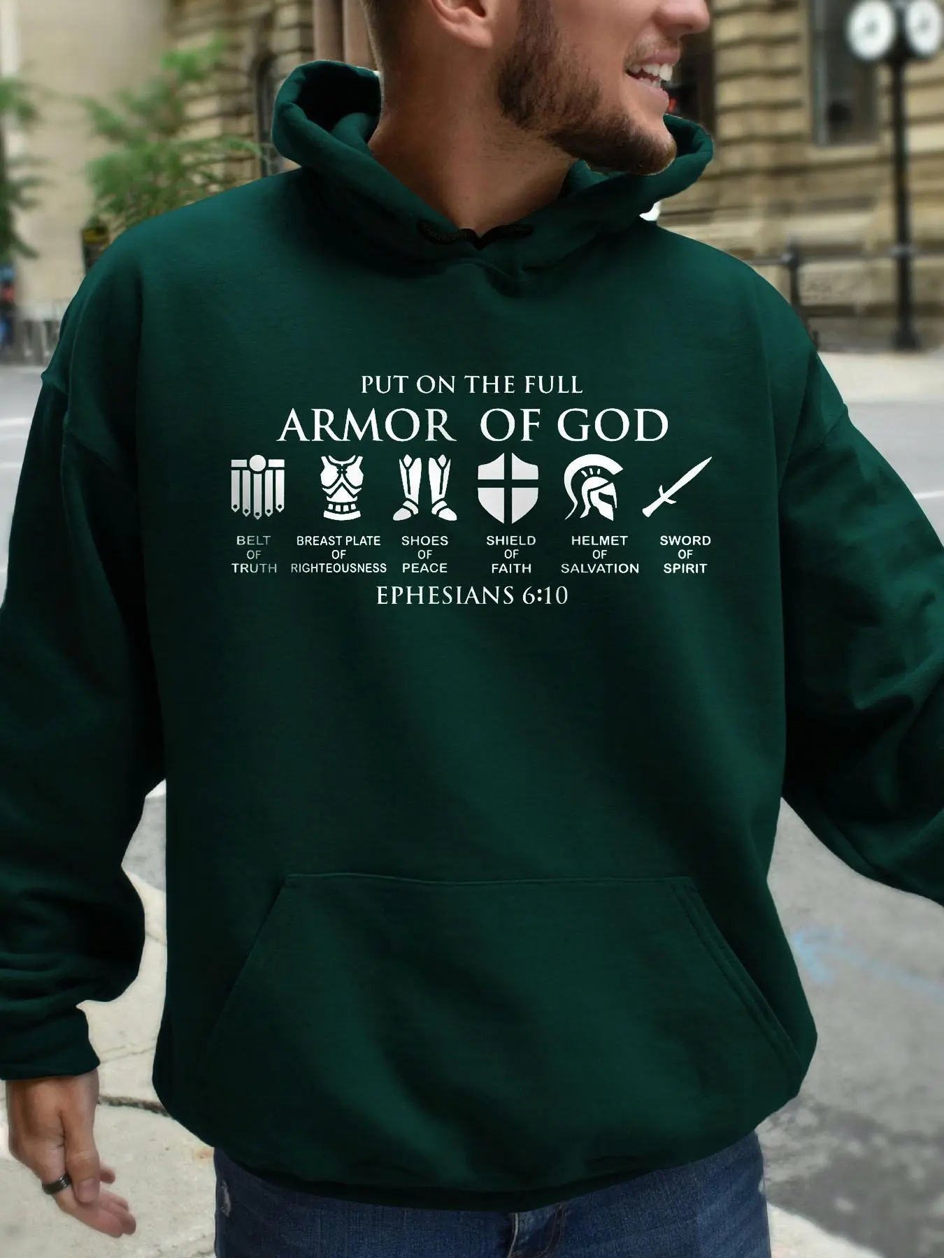 Men's Letter & Armor Of God Print Drop Shoulder Hoodie, Fashion Casual Regular Fit Pocket Hooded Sweatshirt for Daily Holiday Outdoor Wear, Men Clothes for Fall & Winter