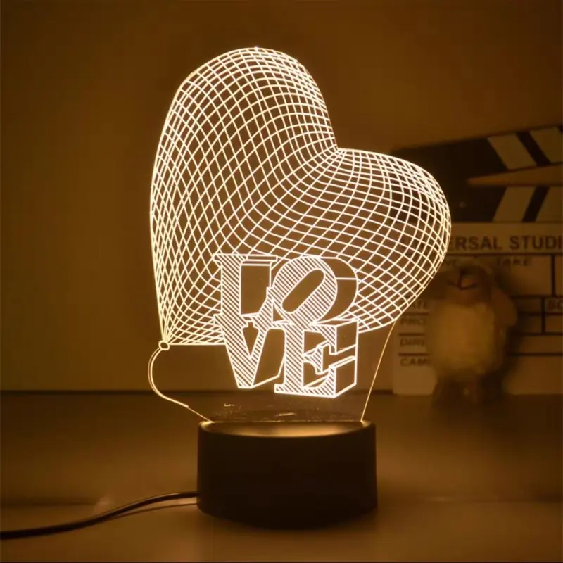 Pplus  Bentuk Hati Lampu Akrilik 3D Malam  Led/（ hangat）Warna Keren Lampu Kamar Aesthetic / Steker + sakelar lampu tidur aesthetic / hadiah lampu malam berubah warna / hadiah ulang tahun / hadiah pernikahan/promo elektronik termurah Kuning 3