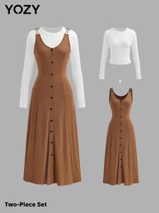 YOZY Women's Solid Long Sleeve Top & A-line Dress Two-piece Set, Casual Fashion Cozy Two Piece Outfits for Daily Outdoor Wear, Women Clothes for Spring Fall