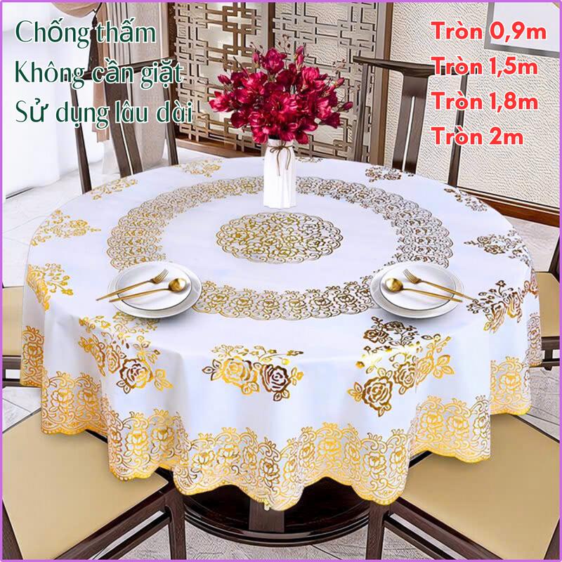 Khăn trải bàn tròn PVC hoa ren dập nổi nhũ vàng mềm mịn dùng cho bàn tiệc bàn ăn bàn trà sử dụng lâu dài dễ dàng xếp cất gọn