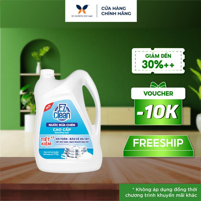 Nước Rửa Chén Bát EZ Clean Can 4kg làm sạch nhanh dầu mỡ,  không phẩm màu độc hại, gốc thực vật dịu nhẹ, bổ sung vitamin E