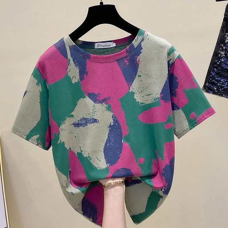 Áo Thun ngắn Tay In Hoa, Dành Cho Nữ, Ngoại Cỡ (3XL), Dáng Rộng Vừa Vặn, Phong Cách Cổ Điển Cổ Tròn, Áo Thun Dễ Phối Đồ Hàng Mới Về, 2023
