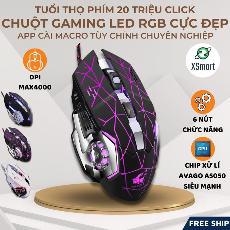 Chuột Gaming Máy Tính FREE WOLF V5 PRO LED 7 Có Dây Màu Cực Đẹp Chuyên Gme, Chỉnh Được Dpi