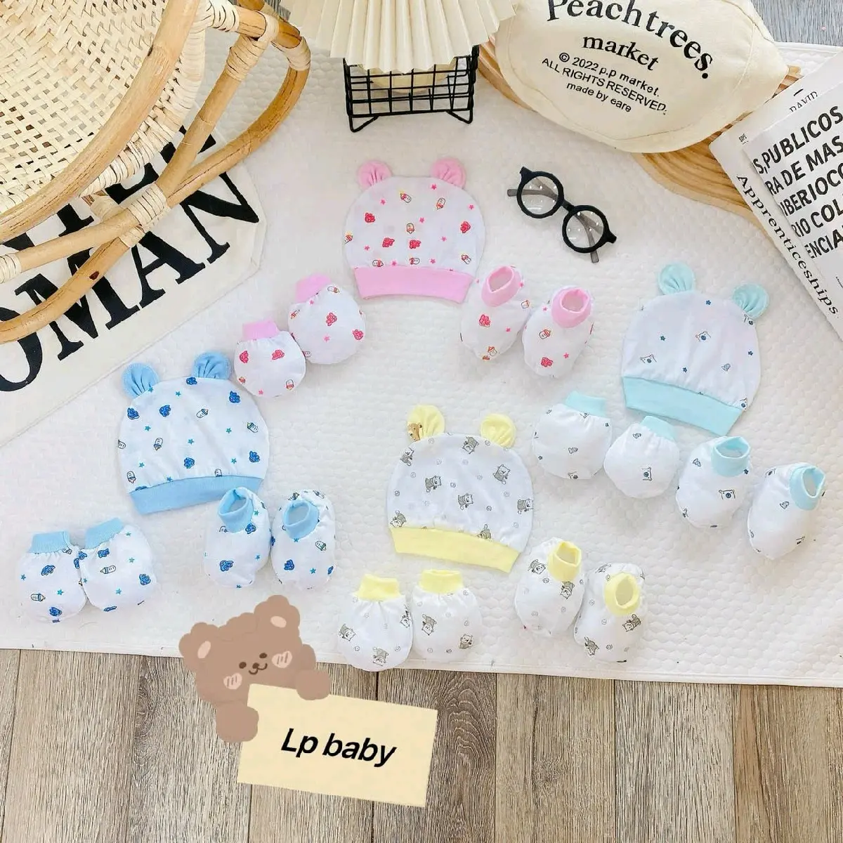 Sét 3 chi tiết mũ thỏ xinh + bao tay + bao chân Vải cottong đẹp