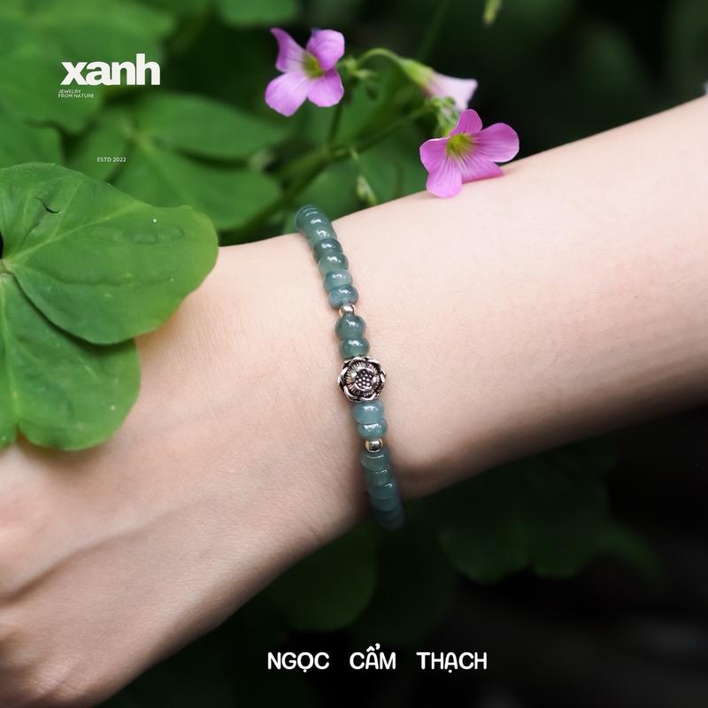  Vòng tay hạt ngọc phỉ thuý cẩm thạch type a thiên nhiên mix charm sen - Xanh Jewelry Phụ Kiện Đeo Tay Vietnam Kiềng 
