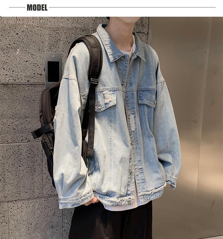 Product Introduction of Áo Khoác Denim Rách, Phong Cách Hồng Kông, Dành Cho Nam Giới, Phong Cách Hàn Quốc, Áo Khoác Dáng Rộng Hợp Xu hướng, Thanh Niên Nghệ Thuật, Đẹp Trai, Thích Hợp Cho Học Sinh, Dễ Phối Đồ, Dép, Thích Hợp Cho Mùa Xuân Và Mùa Thu 16