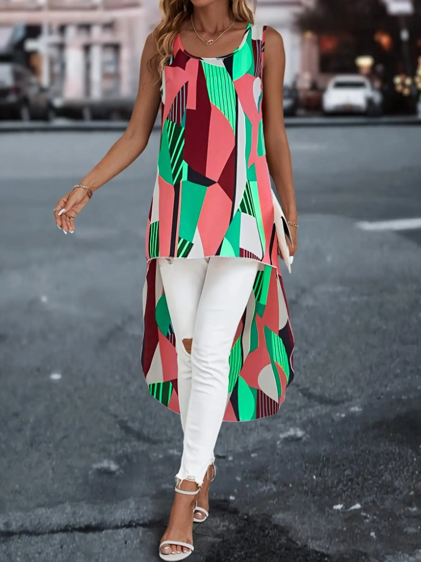 Women's Plus Size Geometric Print Asymmetrical High Low Blouse, Casual Sleeveless U Neck Top for Summer, Women's Plus Clothing for Daily Wear