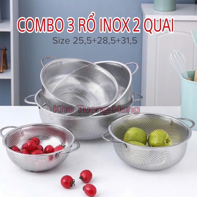  Combo 3 Chiếc Rá Rổ Lưới Inox CỠ LỚN 26+29+32CM Có Quai Cầm chắc chắn Mắt lưới 2mm CÓ Chân Đế Thoát Nước Tốt dùng rửa rau thịt cá vo gạo đựng củ quả 