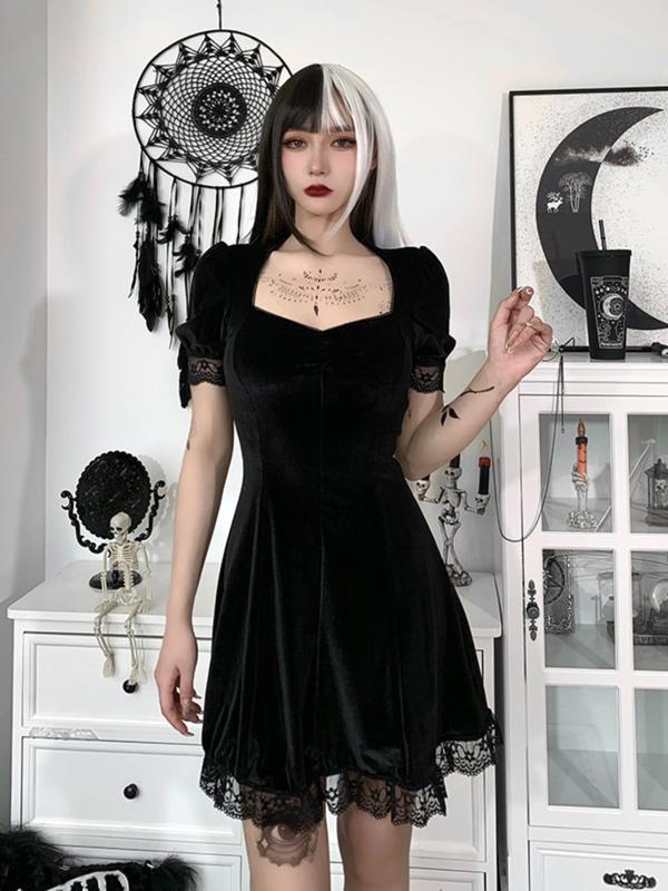 Women's Plain Ruched Lace Trim Sweetheart Neck Dress, Punk Fashion Short Sleeve A Line Dress for Party Holiday Vacation, Ladies Summer Clothes Valentine's Day, gift 3