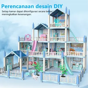 3D Princess Big Villa DIY Rumah Boneka Pink Castle Bermain Rumah Mainan Princess Castle Rumah Rumahan Doll House Play House Kado/ Perakitan Kit Halaman Dengan Slide/ Hadiah Ulang Tahun Gadis Rumah Mainan Pendidikan Boys Girls Gift Set Game
