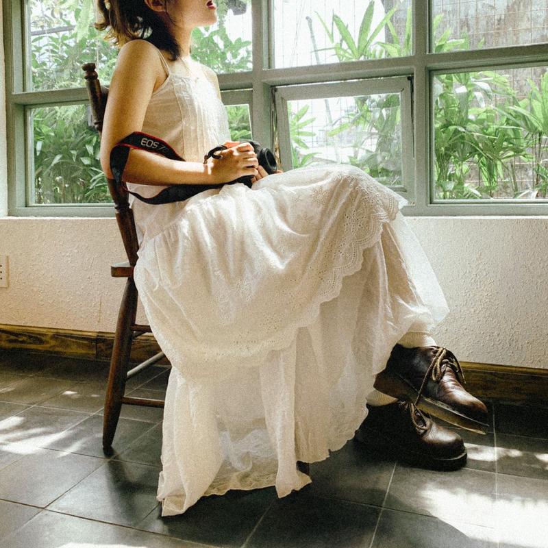 Váy 2 Dây Babydoll Trắng Xòe Rộng Phong Cách Vintage/ Mori Nàng Thơ