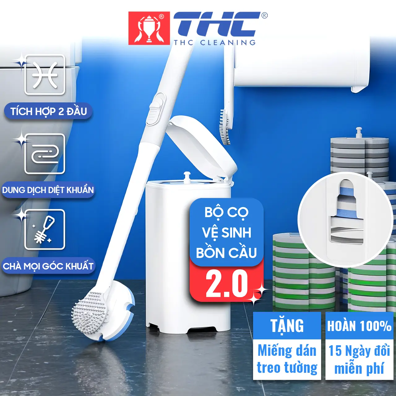 Bộ Cọ Vệ Sinh Bồn Cầu Bản Mới 2.0 Với Hai Đầu Bàn Chải Dùng 1 Lần Treo Tường Gồm 7 Đầu Thay Thế Bộ Bàn Chải THC CLEANING
